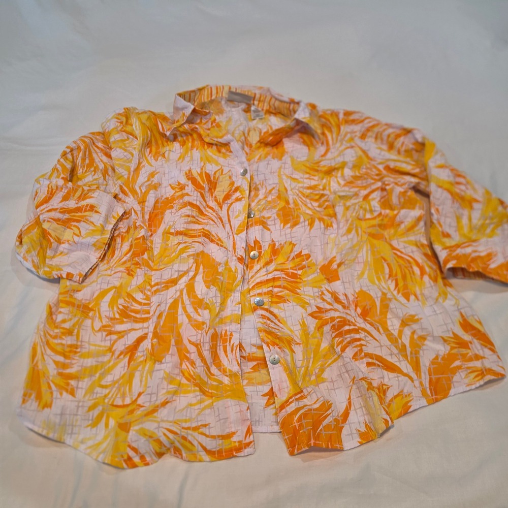 Alfred Dunner Button Up Shirt Women 18W Orange Yellow Excellent Tropical Leaf